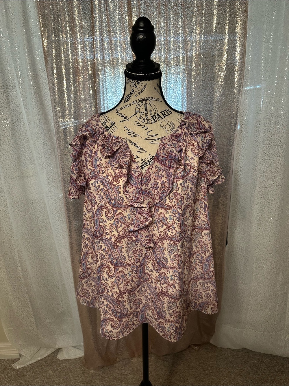 LOFT Pink and Purple Paisley Ruffle V-Neck Blouse